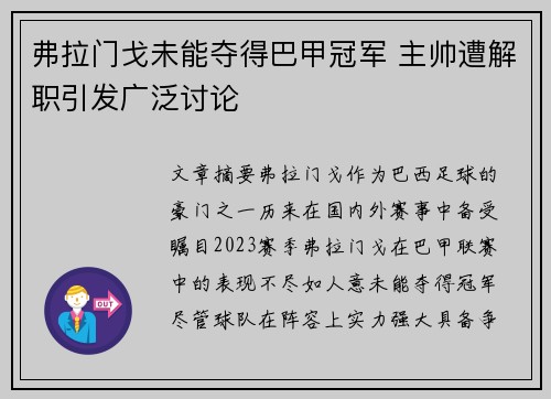 弗拉门戈未能夺得巴甲冠军 主帅遭解职引发广泛讨论