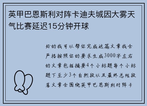 英甲巴恩斯利对阵卡迪夫城因大雾天气比赛延迟15分钟开球
